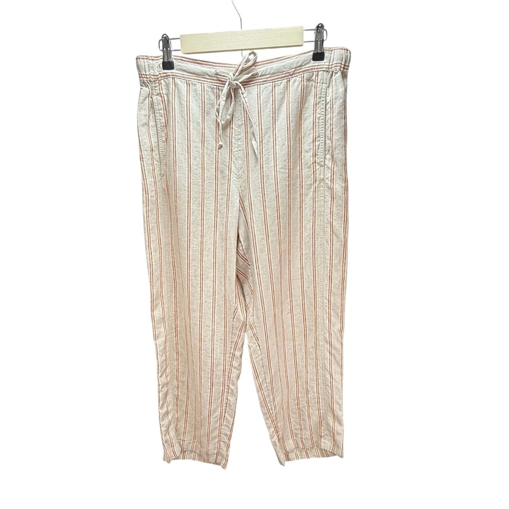 Coldwater Creek‎ Linen Cropped Pants PM Beige Striped Drawstring Coastal Summer